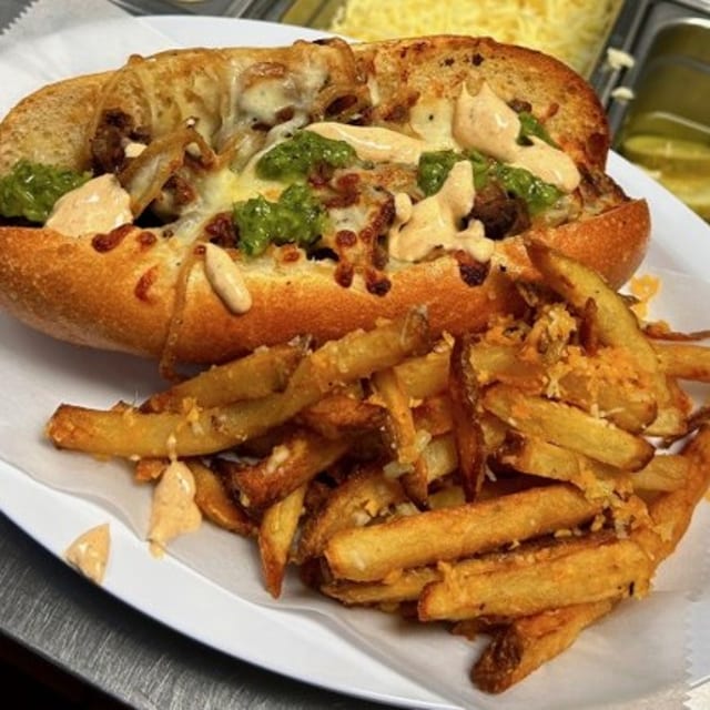 Spanish Style Cheese steak sandwich with Boardwalk style fries.
