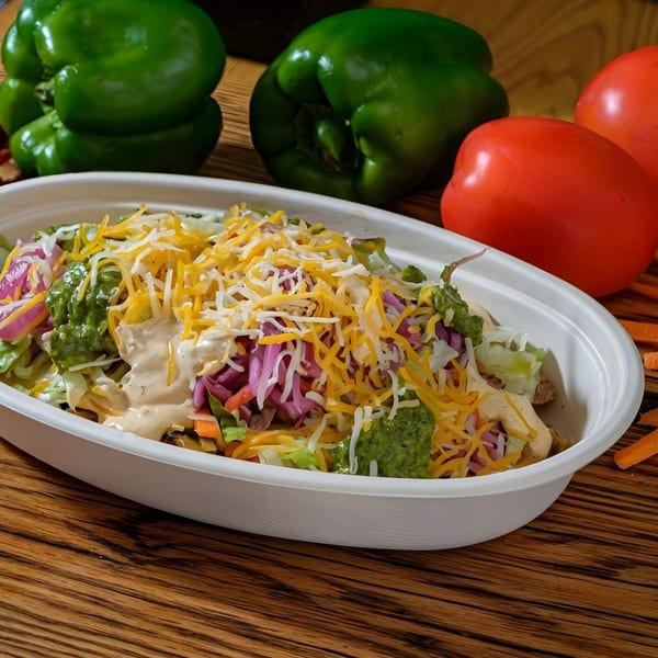 Andale Latino Grill's colorful Latin-American bowl with cheese, guacamole, and dressing, surrounded by fresh vegetables.