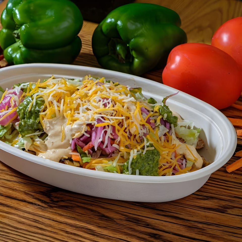 Andale Latino Grill's colorful Latin-American bowl with cheese, guacamole, and dressing, surrounded by fresh vegetables.