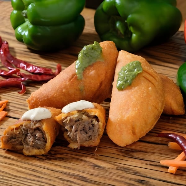 Andale Latino Grill empanadas, one cut open to show meat filling, with green and white sauces.